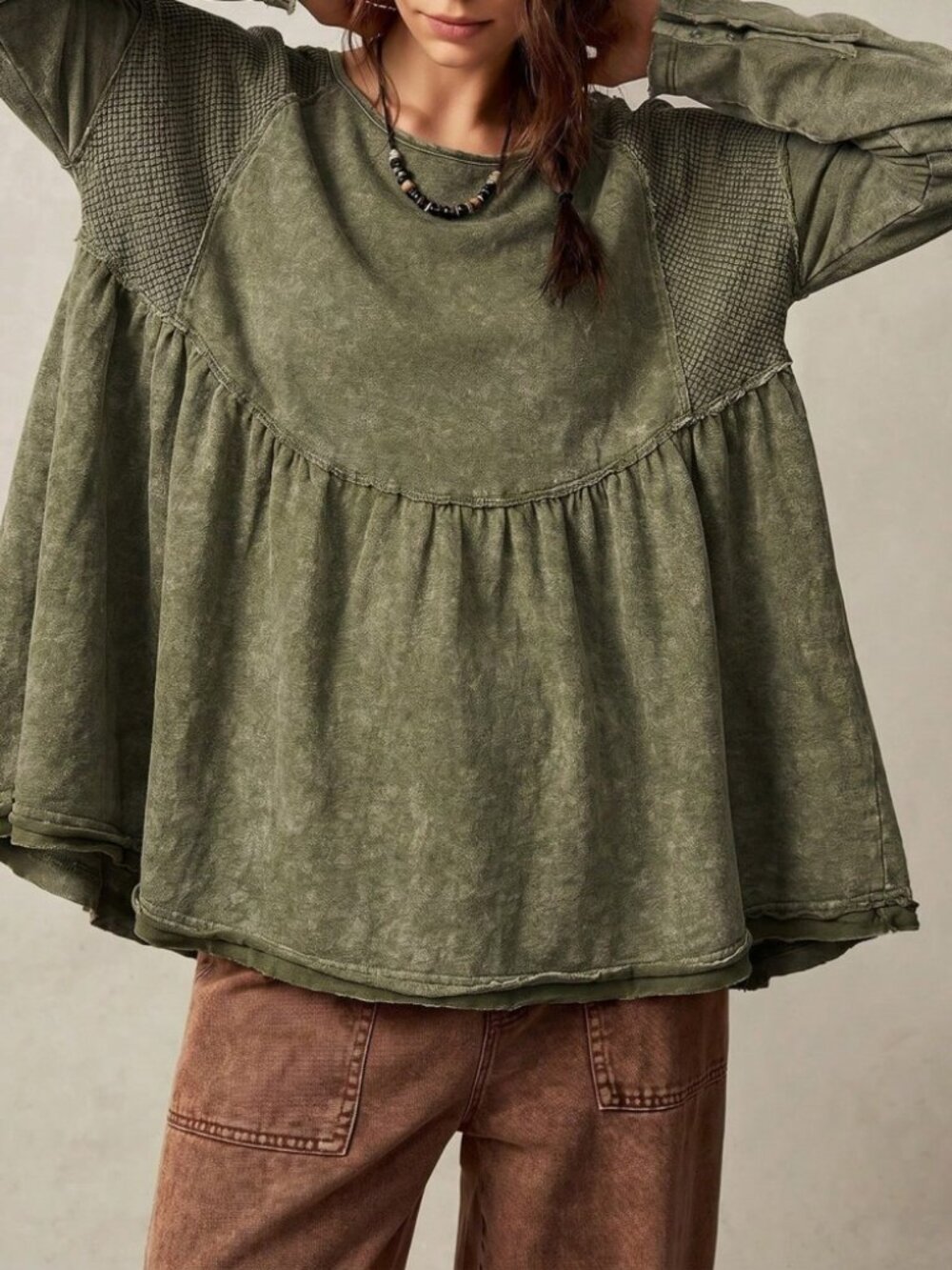 Brown Waffle-Knit Babydoll Sweatshirt Top